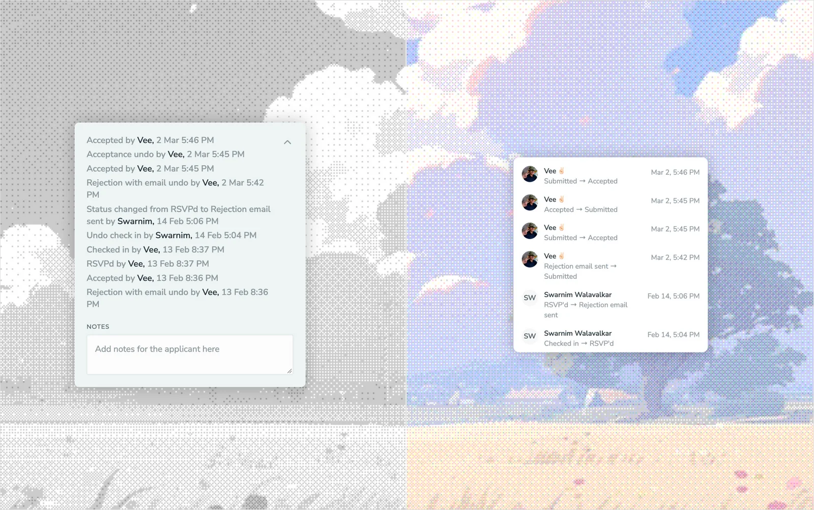 Old text log of status changes next to V2's timeline of who did what and when.