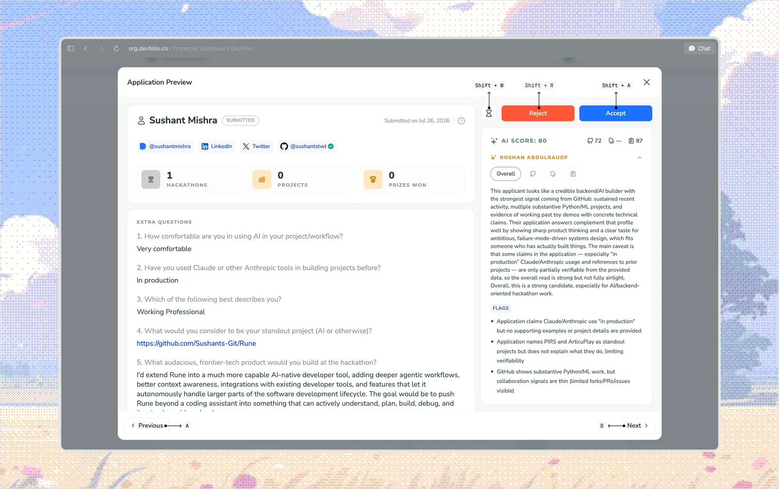 Application preview labeled with keyboard shortcuts: A, D, Shift+A, Shift+R and Shift+W.