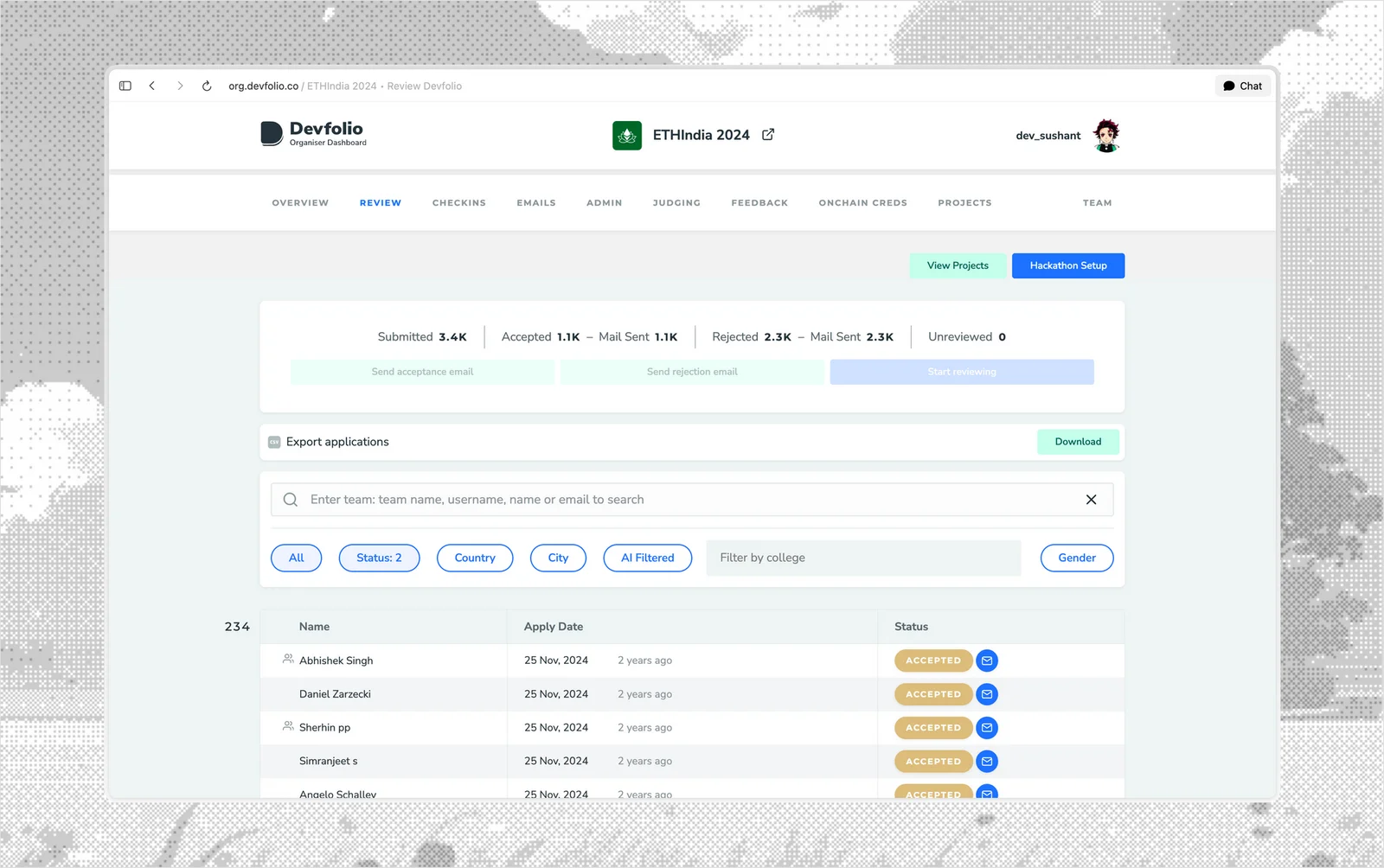 Original dashboard's Review tab with application counts, filters and a table of applicants.
