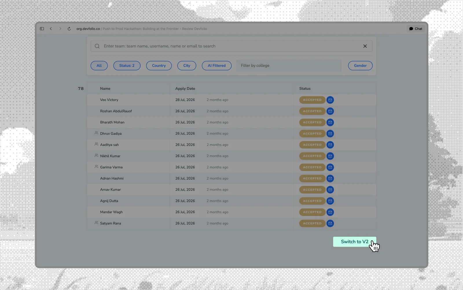 Cursor clicking the "Switch to V2" button on the original Review tab.