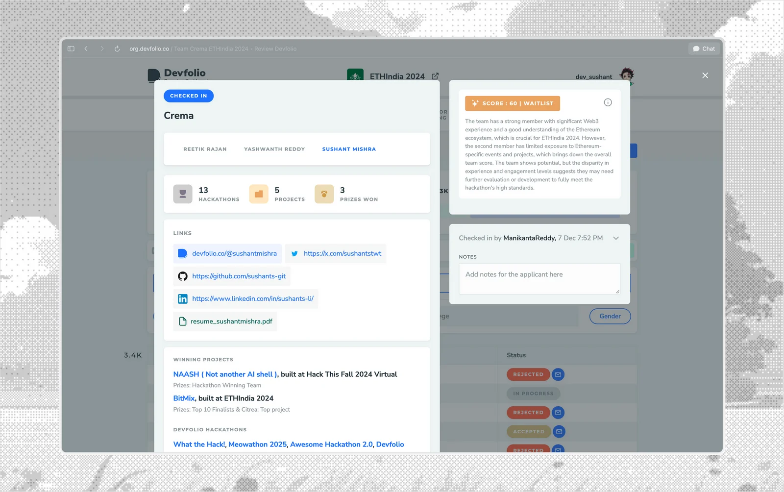 Original dashboard's applicant detail view with profile stats, links and an AI score.